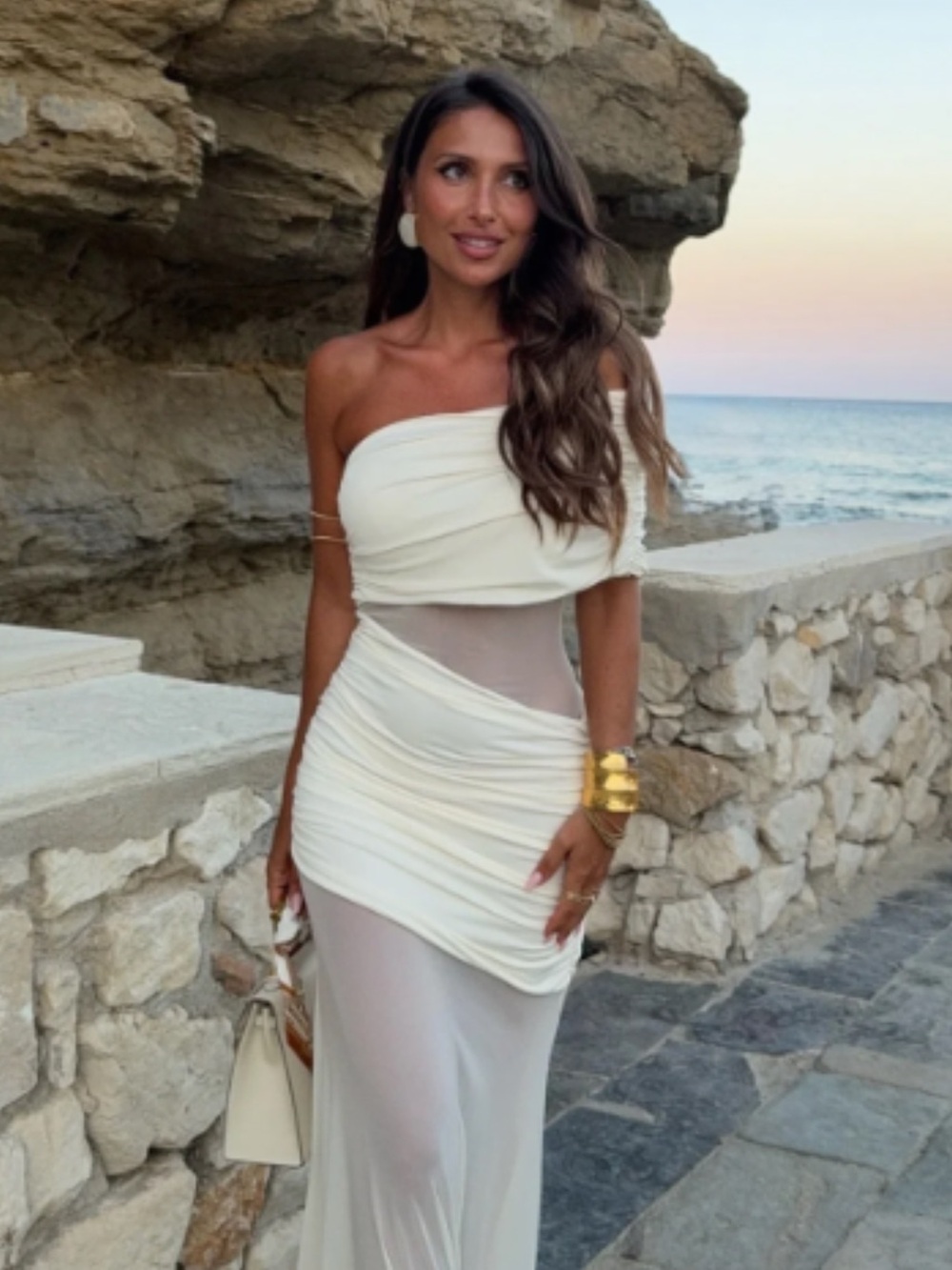 MESHKI Dallas One Shoulder Mesh Maxi Dress – Ivory – Size Small